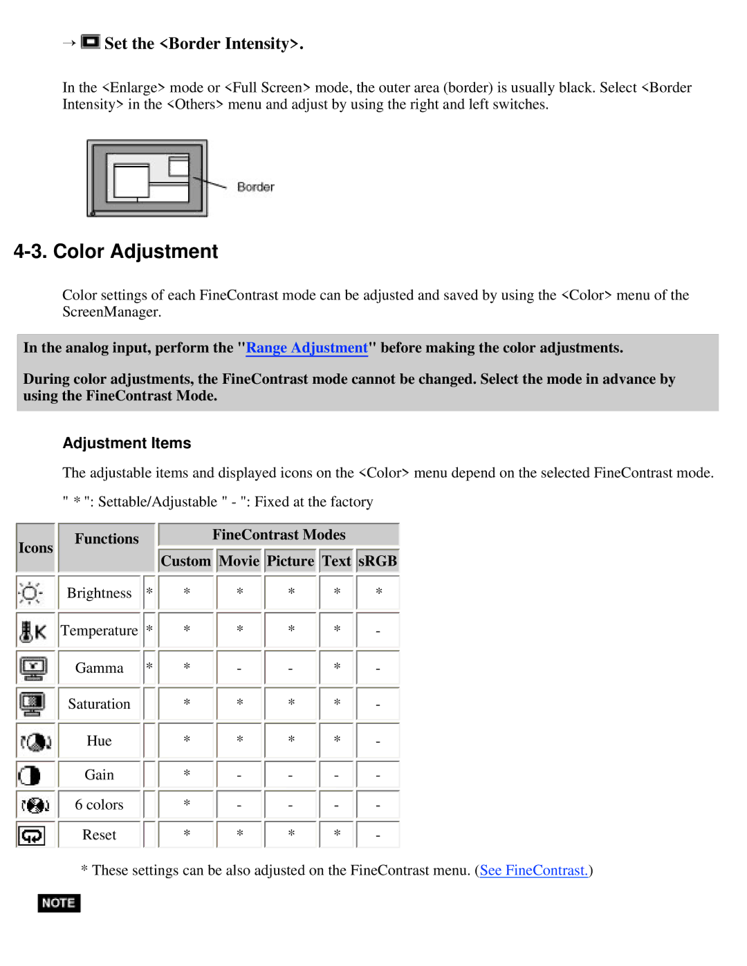 Eizo S2410W specifications Color Adjustment, Adjustment Items, Icons Functions FineContrast Modes, Text 