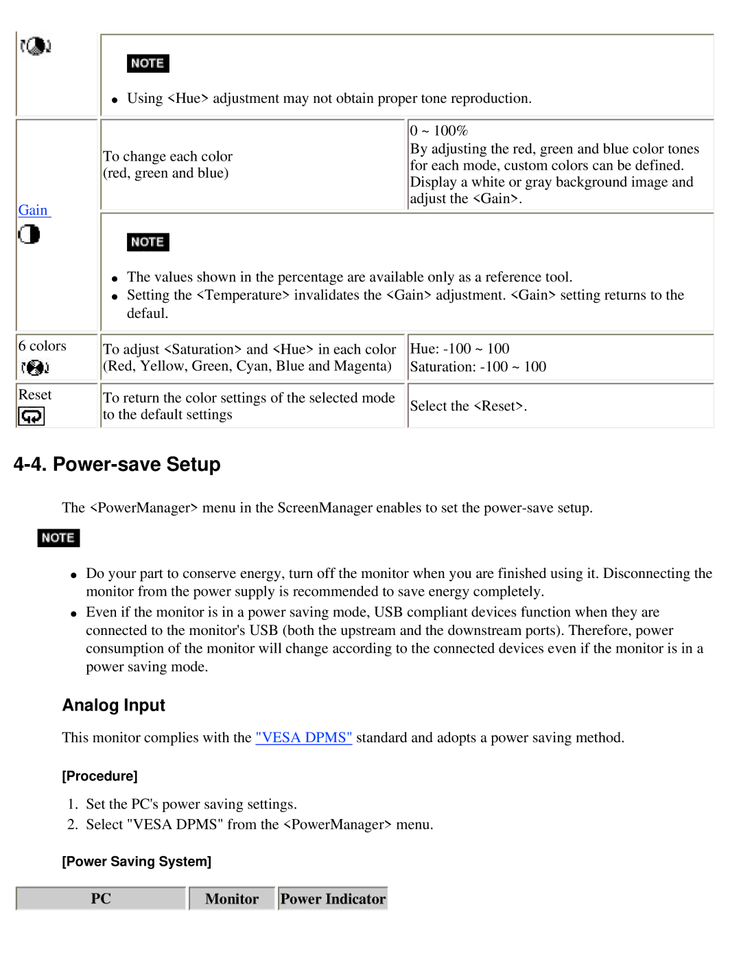 Eizo S2410W specifications Power-save Setup, Gain 