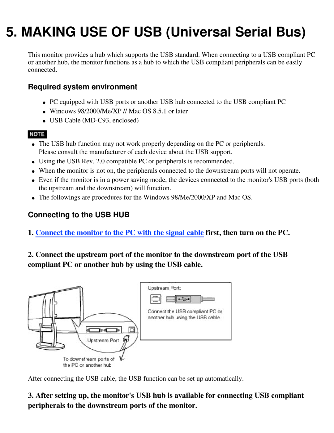 Eizo S2410W specifications Required system environment, Connecting to the USB HUB 