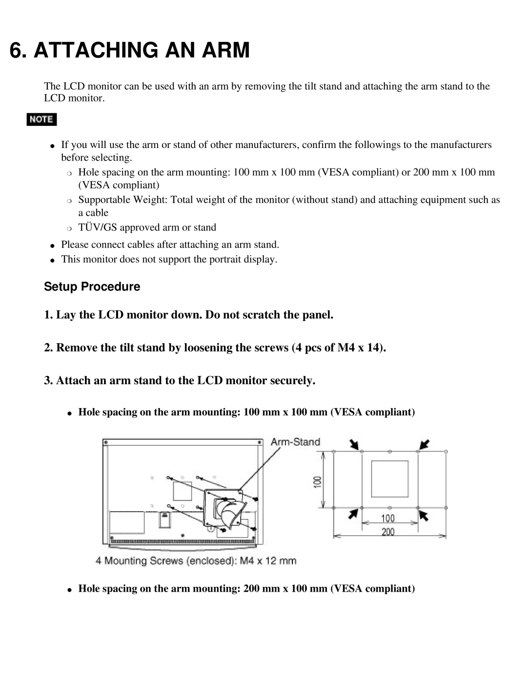 Eizo S2410W specifications Attaching AN ARM, Setup Procedure 