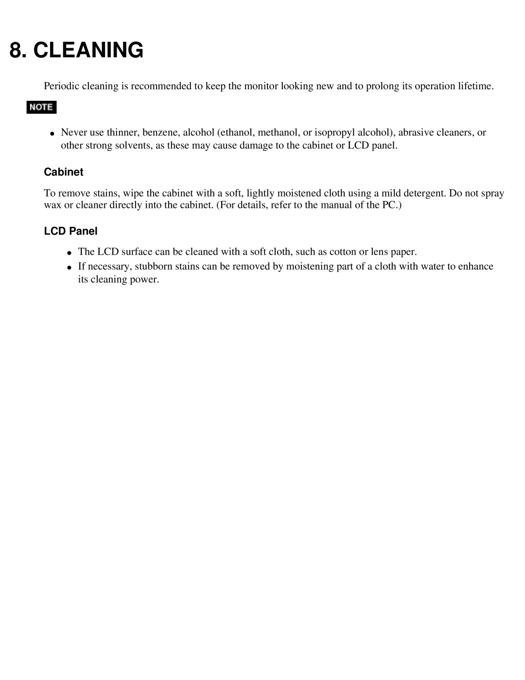 Eizo S2410W specifications Cleaning, Cabinet, LCD Panel 