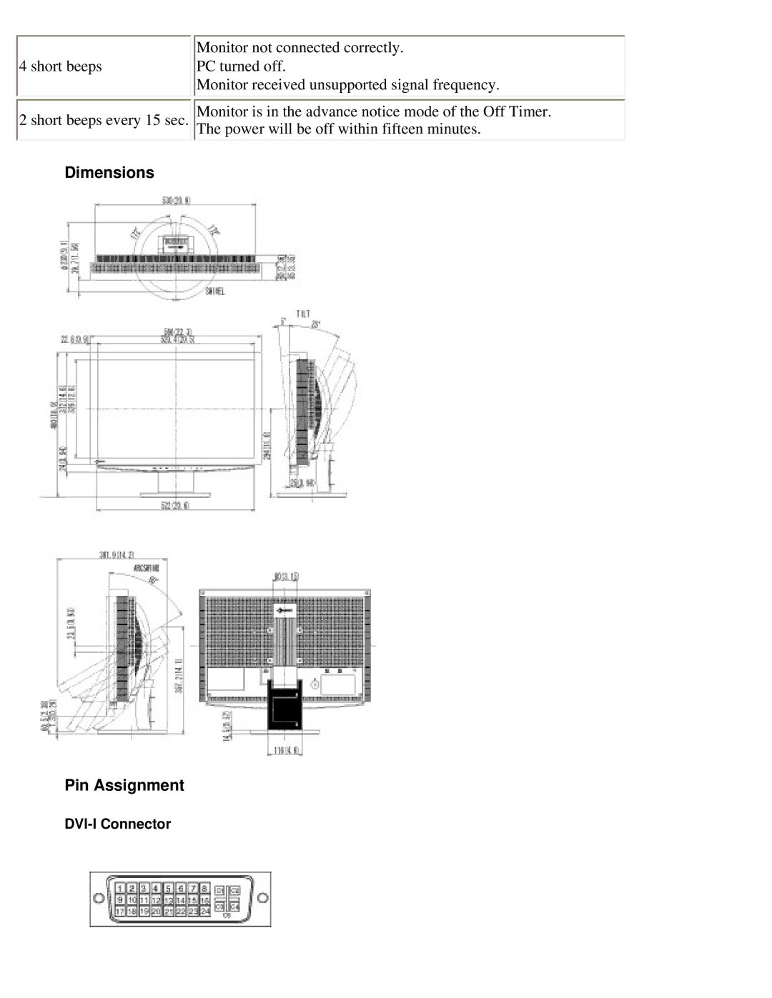 Eizo S2410W specifications Dimensions Pin Assignment 