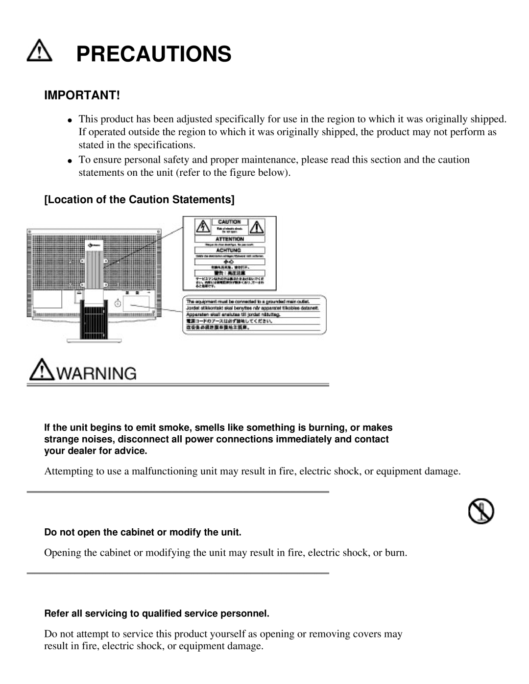 Eizo S2410W specifications Precautions, Location of the Caution Statements 