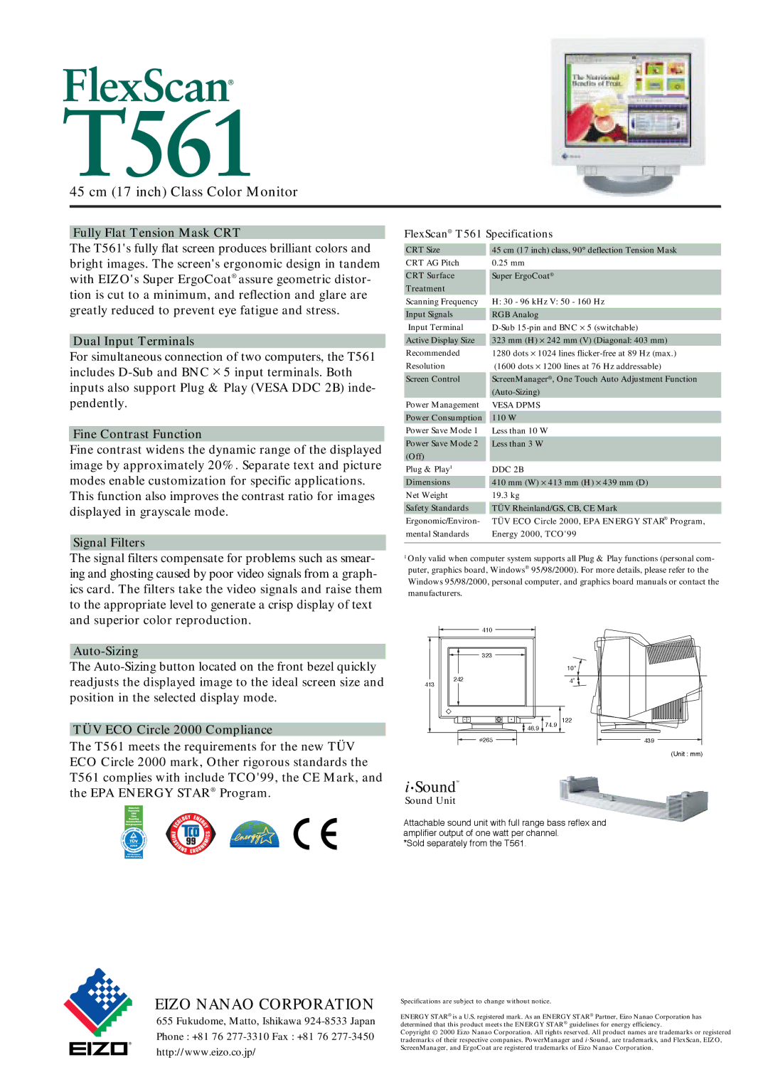 Eizo T561 manual Fully Flat Tension Mask CRT, Dual Input Terminals, Fine Contrast Function, Signal Filters, Auto-Sizing 