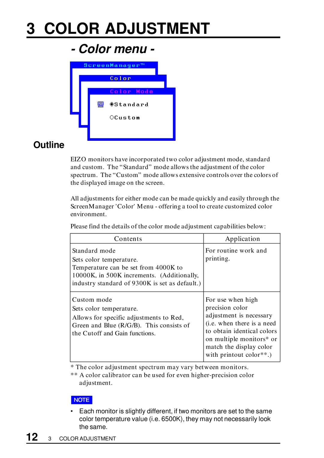 Eizo T57S manual Color Adjustment, Outline 