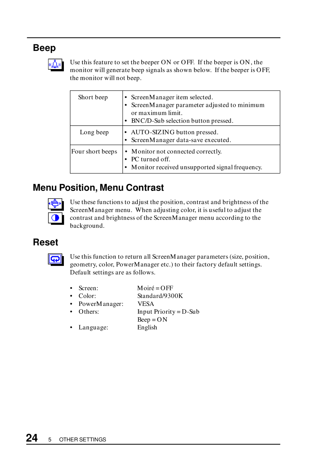 Eizo T57S manual Beep, Menu Position, Menu Contrast, Reset 