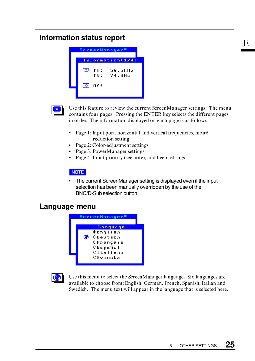 Eizo T57S manual Information status report, Language menu 