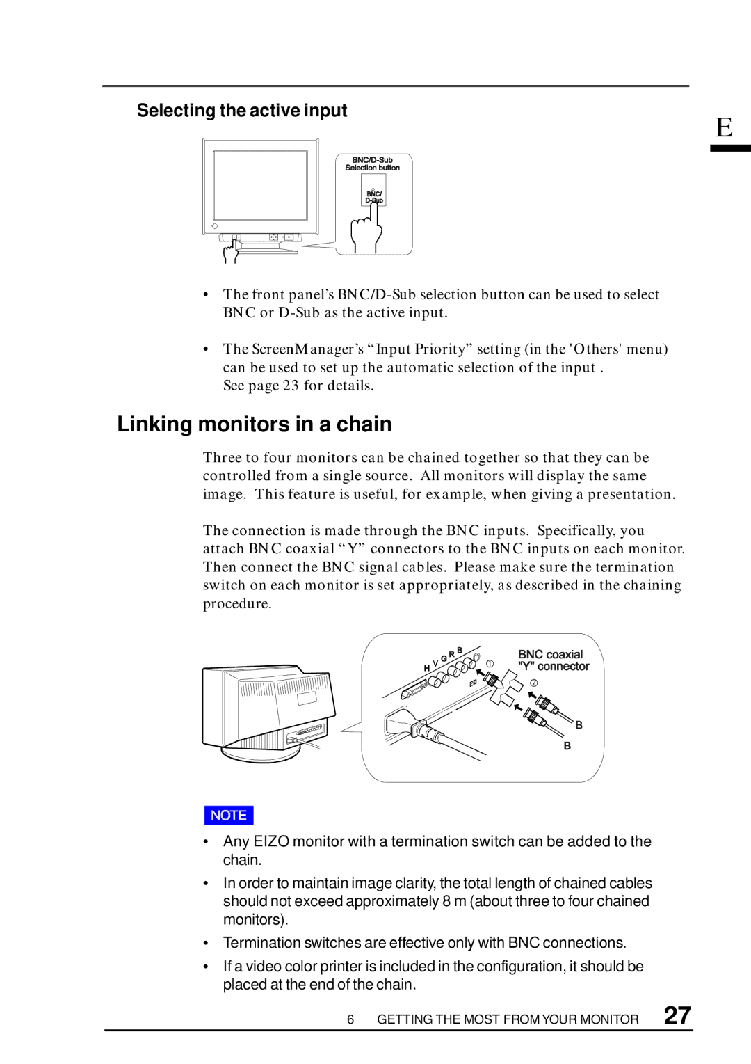 Eizo T57S manual Linking monitors in a chain, Selecting the active input 