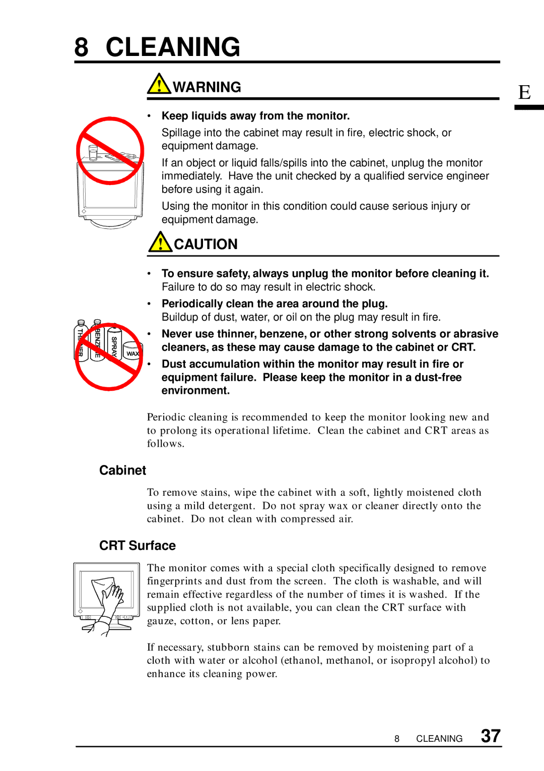 Eizo T57S manual Cleaning, Cabinet, CRT Surface 