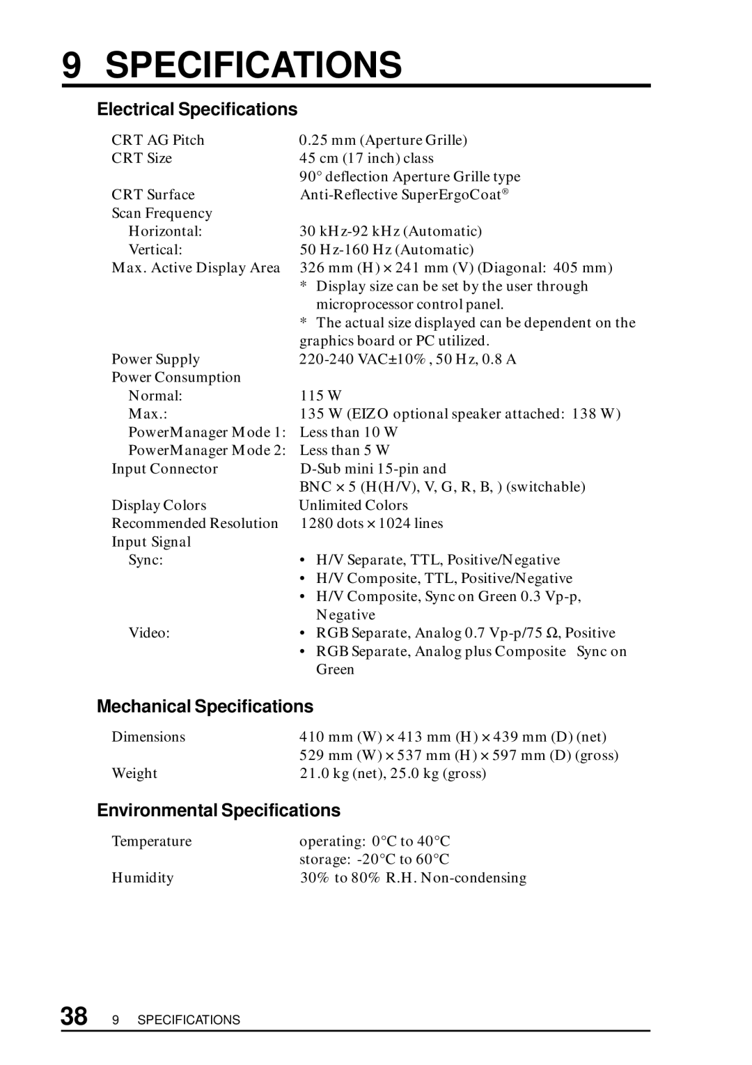 Eizo T57S manual Electrical Specifications, Mechanical Specifications, Environmental Specifications 