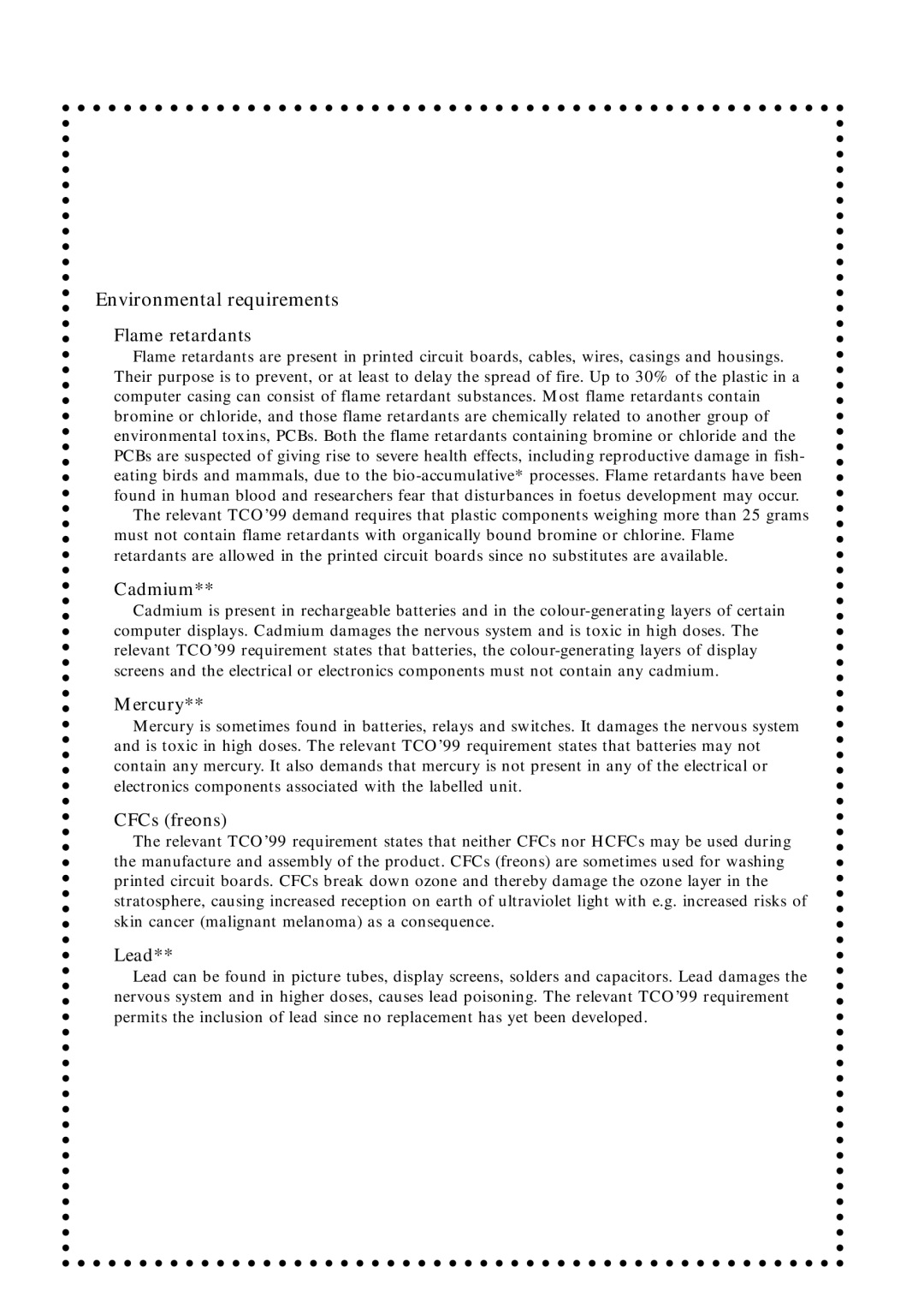 Eizo T57S manual Flame retardants, Cadmium, Mercury, CFCs freons, Lead 