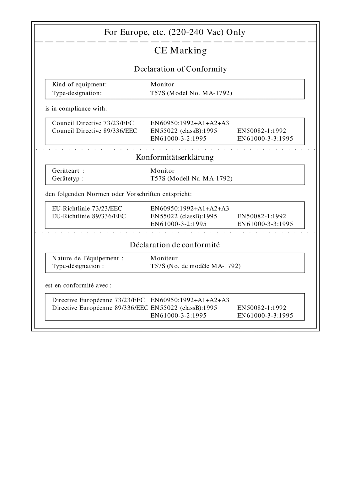 Eizo T57S manual CE Marking 