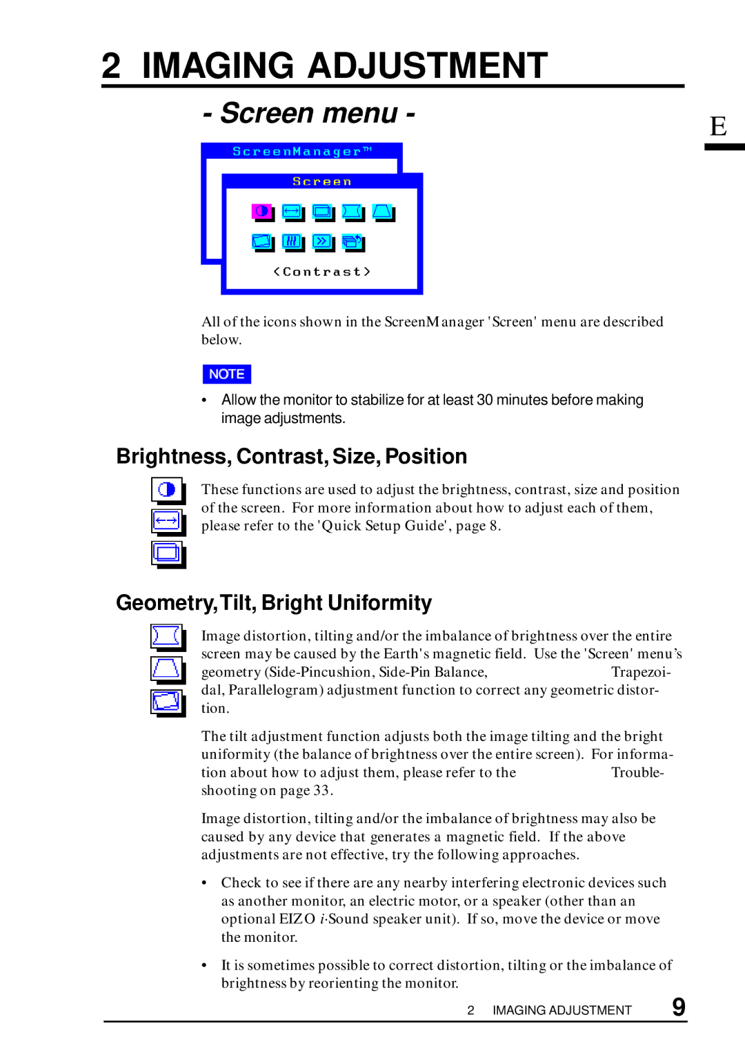 Eizo T57S manual Imaging Adjustment, Brightness, Contrast, Size, Position, Geometry,Tilt, Bright Uniformity 