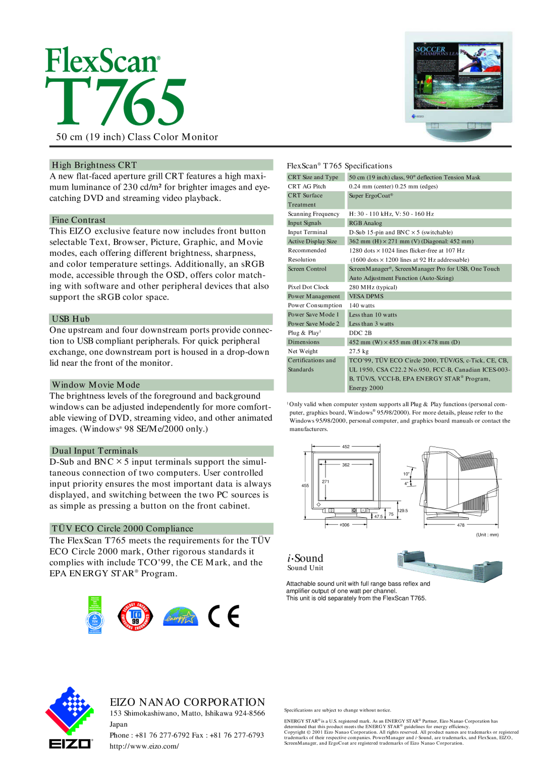 Eizo T765 manual High Brightness CRT, Fine Contrast, USB Hub, Window Movie Mode, Dual Input Terminals 