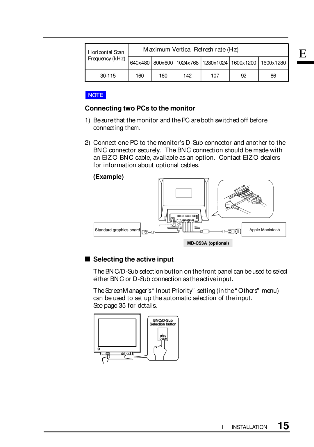 Eizo T960 user manual Connecting two PCs to the monitor, Selecting the active input, Example 