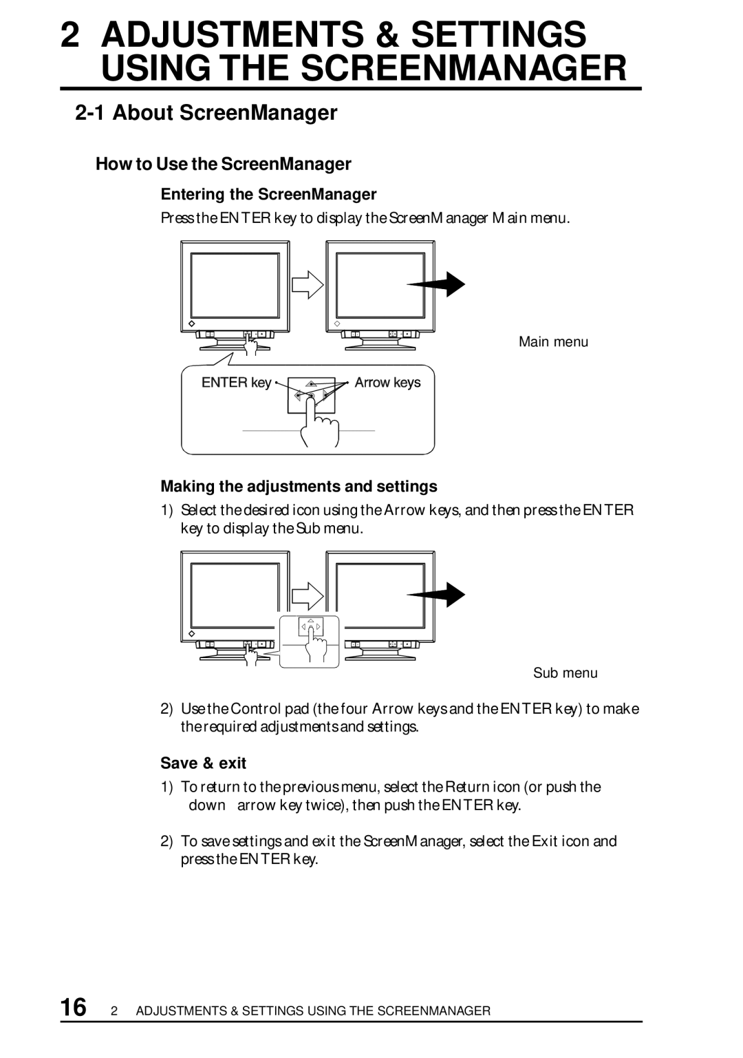 Eizo T960 user manual About ScreenManager, How to Use the ScreenManager, Entering the ScreenManager, Save & exit 