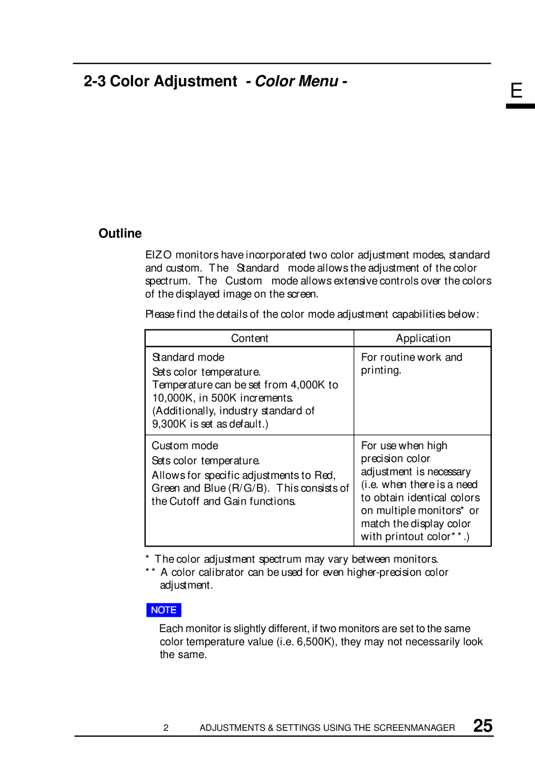 Eizo T960 user manual Color Adjustment Color Menu, Outline, Content Application Standard mode, Custom mode 