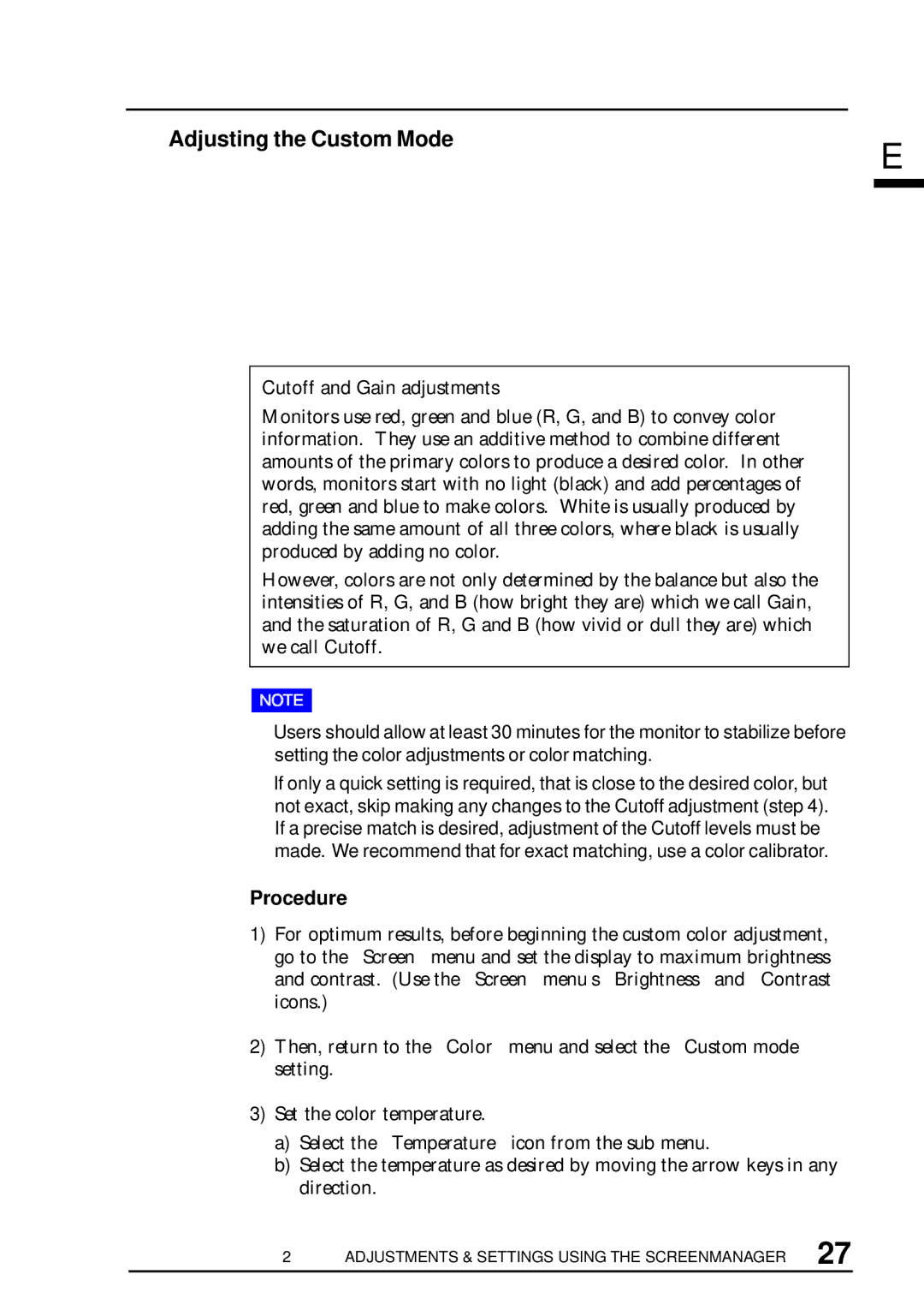 Eizo T960 user manual Adjusting the Custom Mode, Cutoff and Gain adjustments 