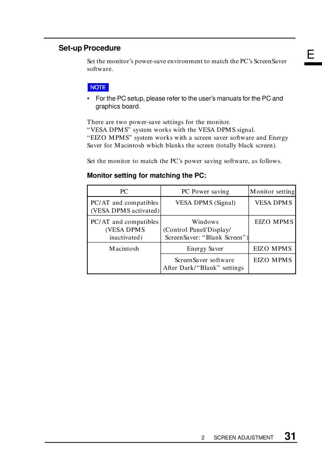 Eizo T960 user manual Set-up Procedure, Monitor setting for matching the PC 