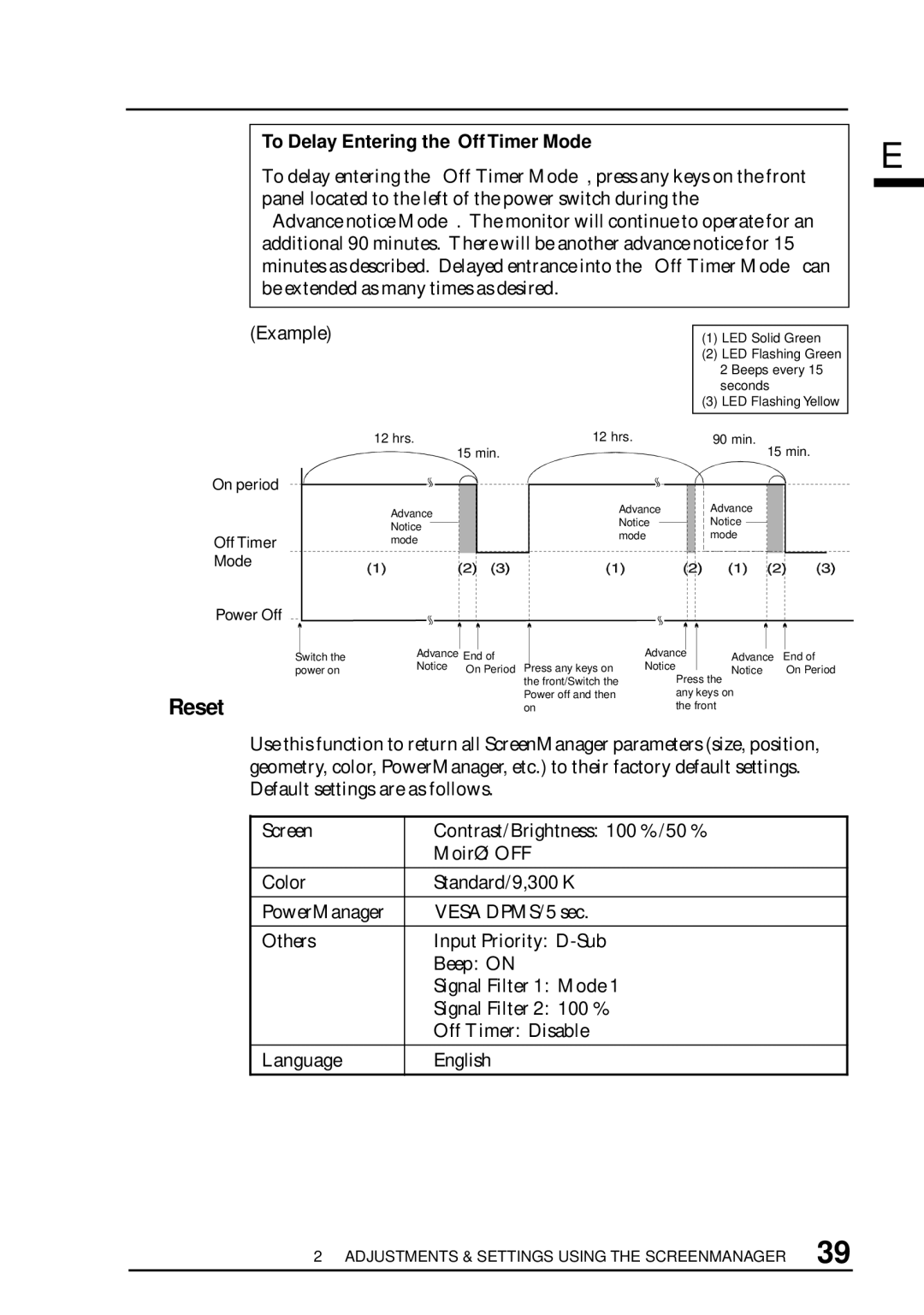 Eizo T960 user manual Reset, To Delay Entering the Off Timer Mode 