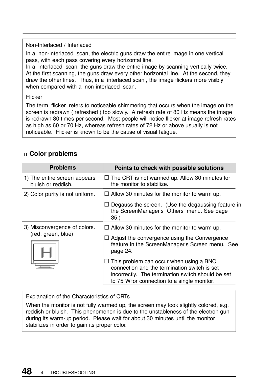 Eizo T960 user manual Color problems, Non-Interlaced / Interlaced, Flicker, Explanation of the Characteristics of CRTs 