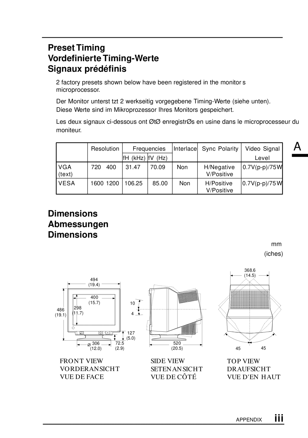 Eizo T960 user manual Preset Timing Vordefinierte Timing-Werte Signaux prédéfinis, Dimensions Abmessungen, Iches 