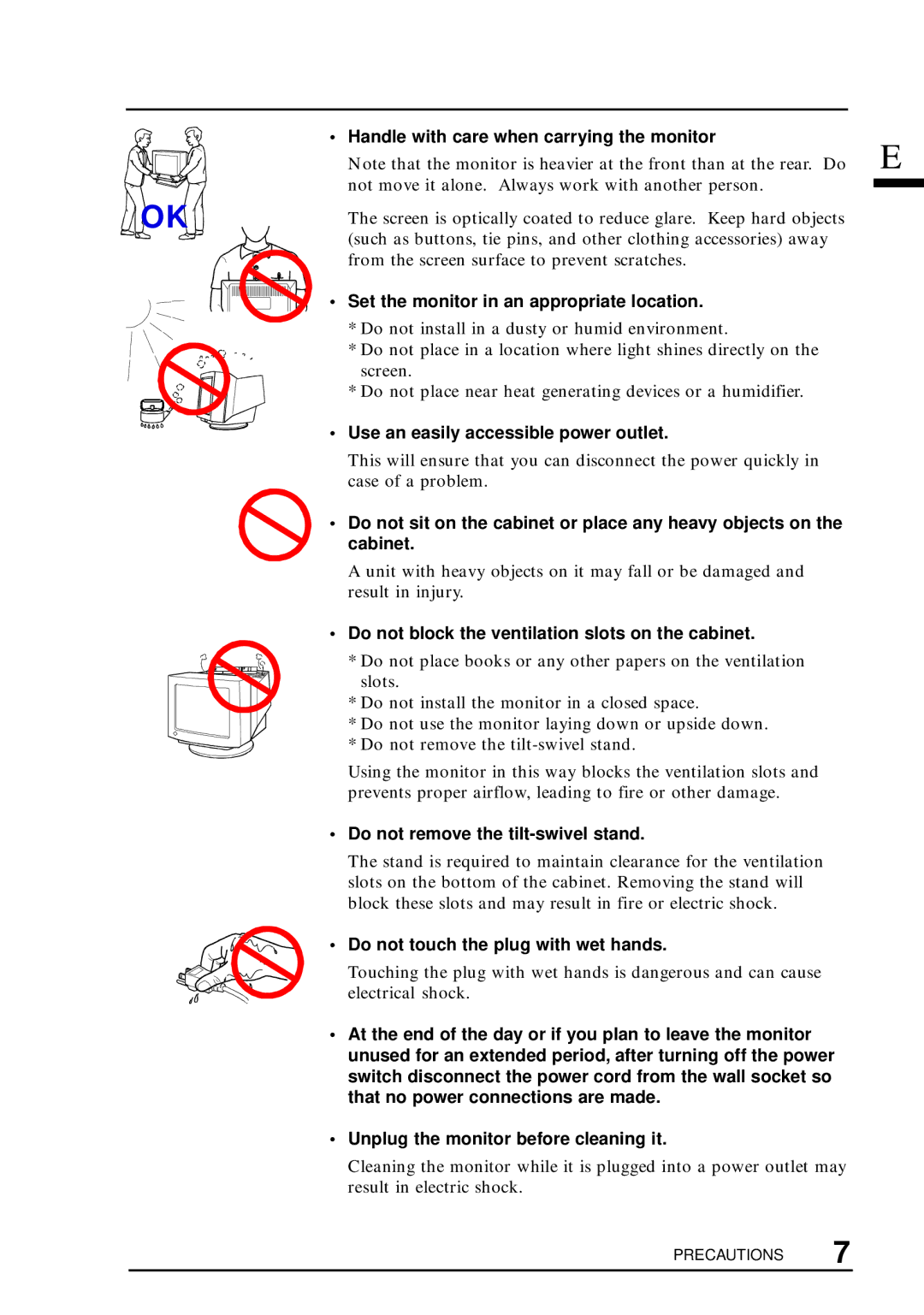 Eizo T960 user manual Handle with care when carrying the monitor, Set the monitor in an appropriate location 