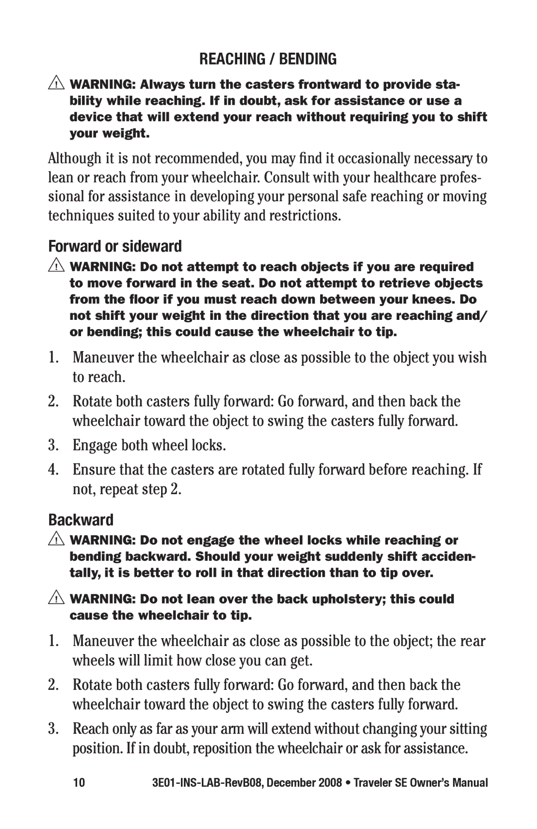 E&J 3E01-INS-LAB-REVB08 manual Reaching / bending, Forward or sideward, Backward 