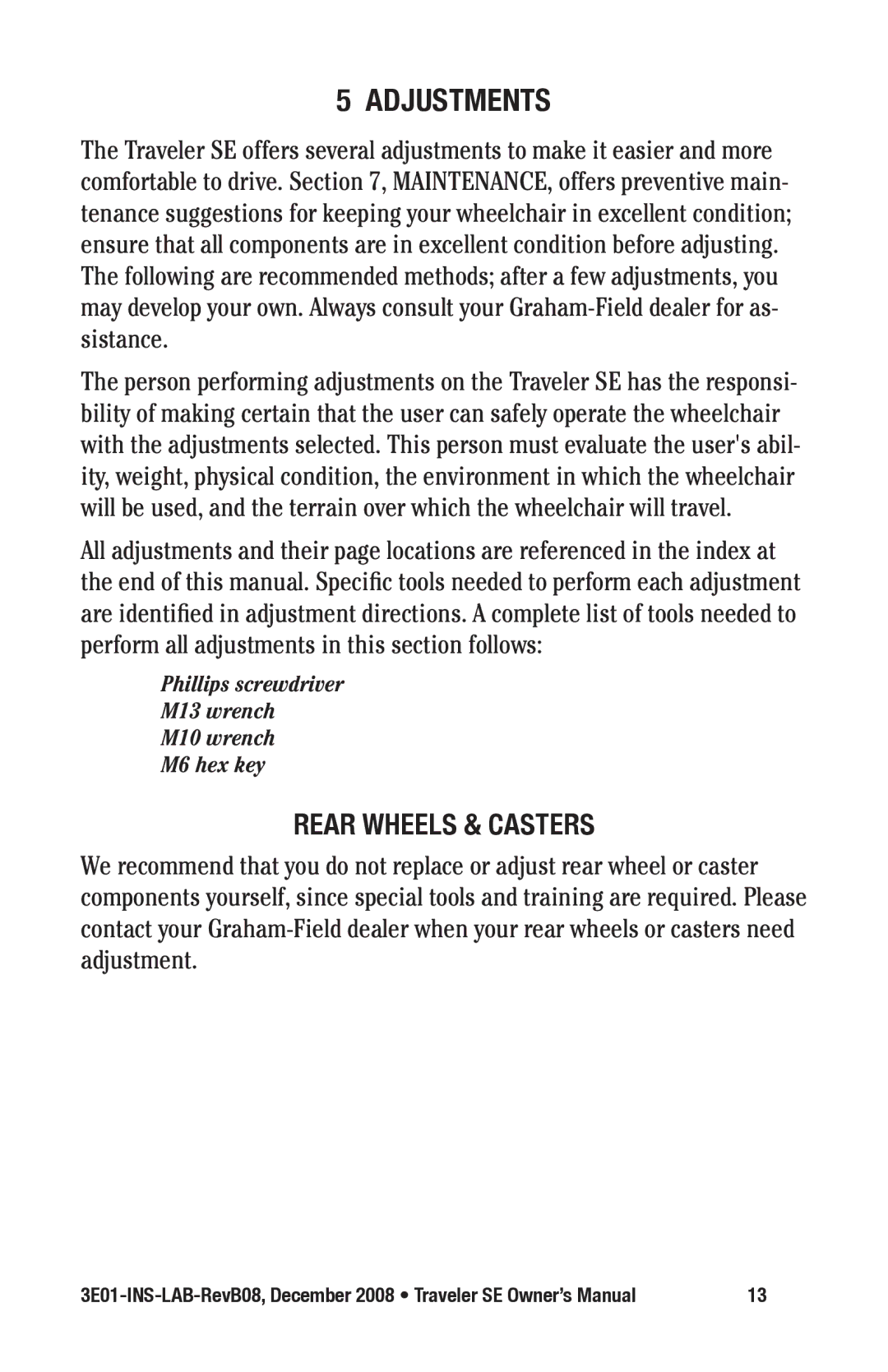 E&J 3E01-INS-LAB-REVB08 manual Adjustments, Rear wheels & casters 