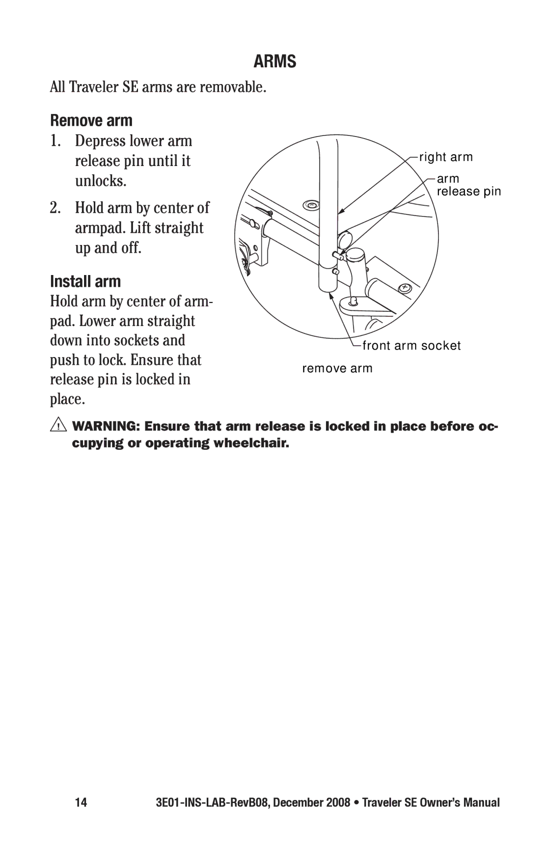 E&J 3E01-INS-LAB-REVB08 manual Arms, Remove arm, Install arm 