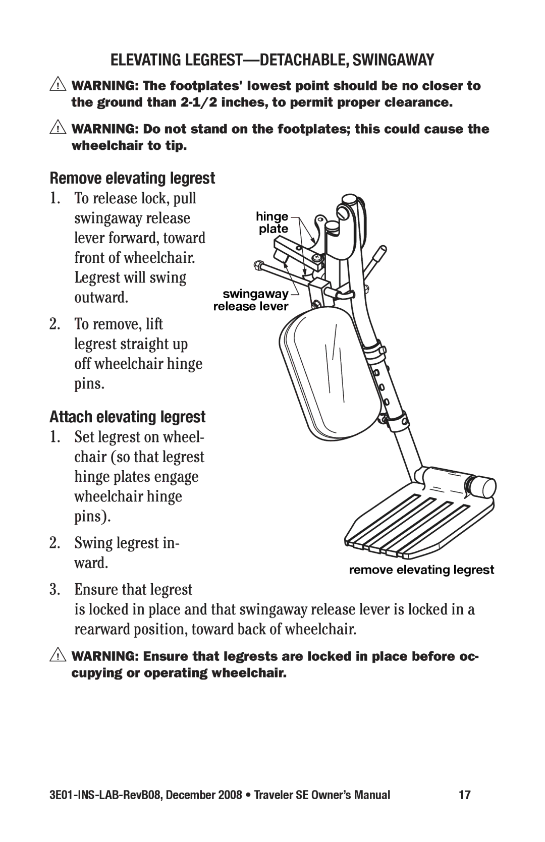 E&J 3E01-INS-LAB-REVB08 manual Attach elevating legrest, Ward 