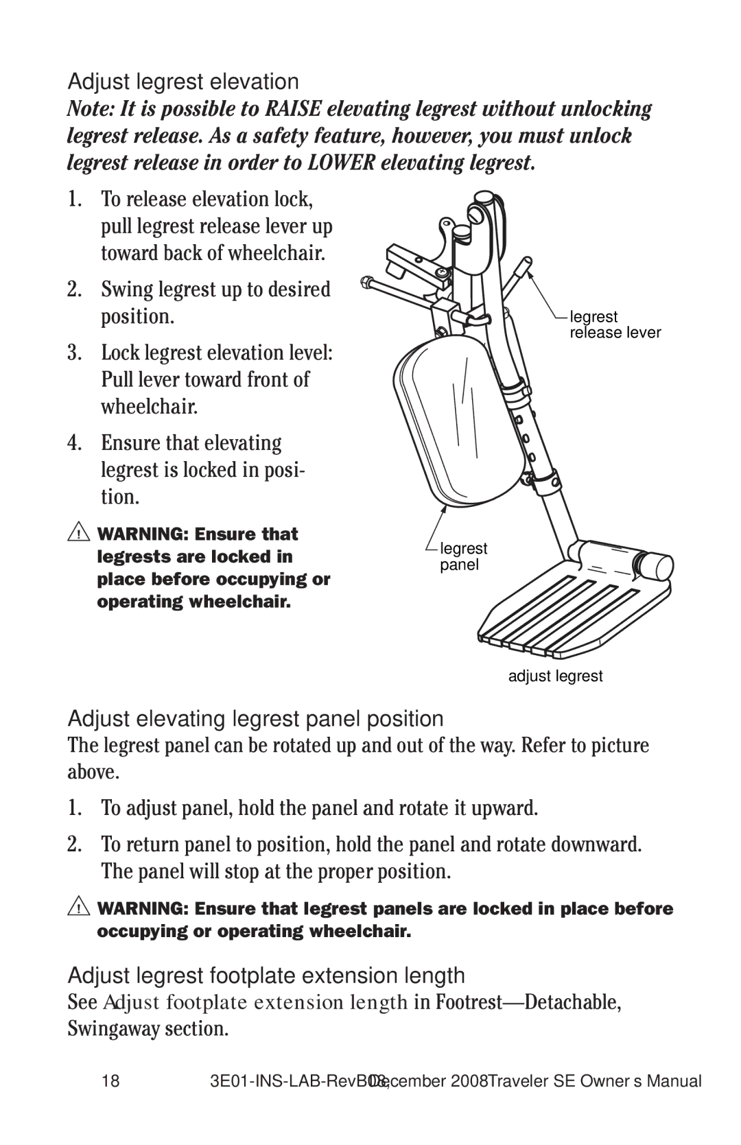 E&J 3E01-INS-LAB-REVB08 manual Adjust legrest elevation, Adjust elevating legrest panel position 