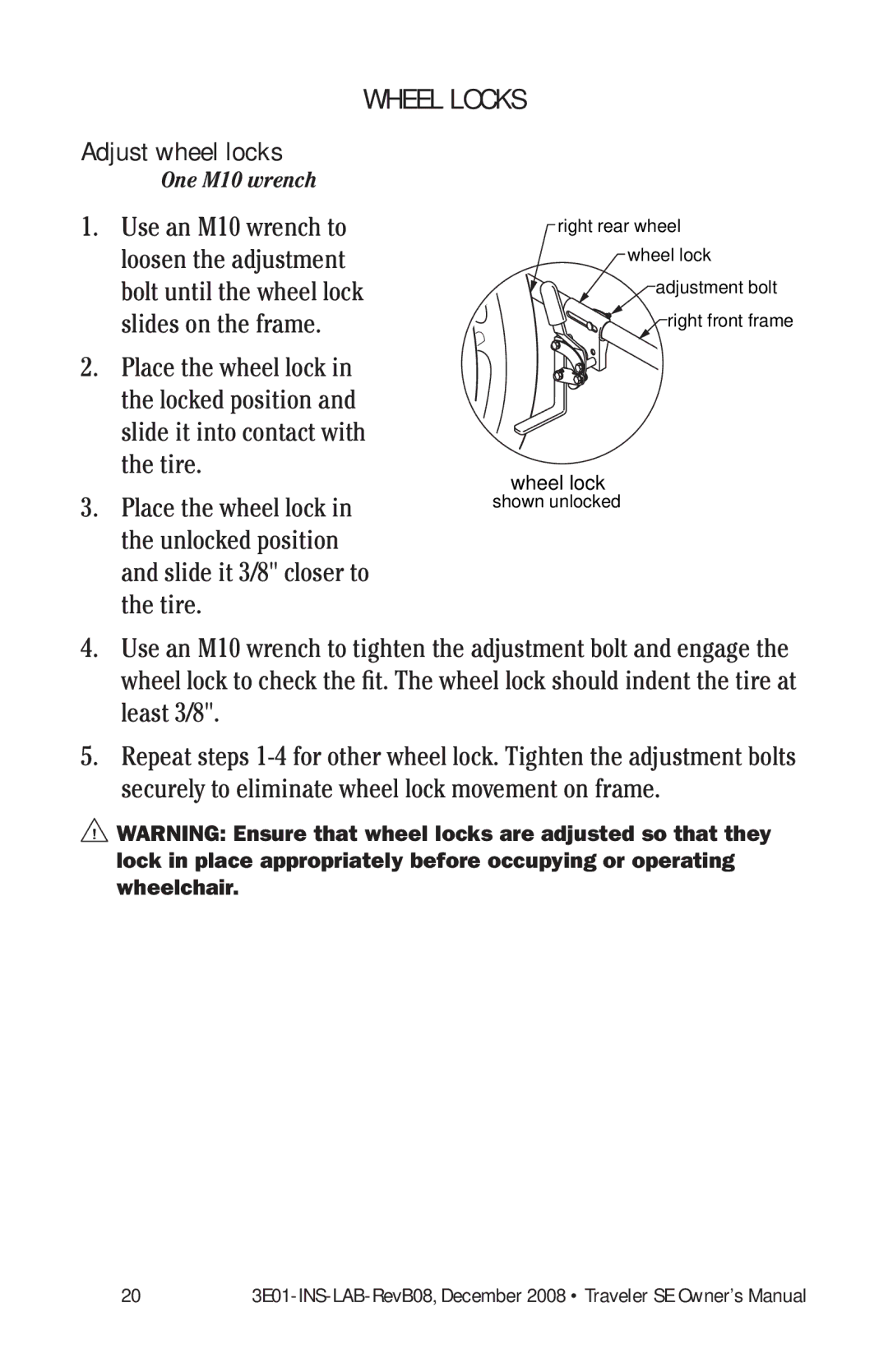 E&J 3E01-INS-LAB-REVB08 manual Wheel locks, Adjust wheel locks 