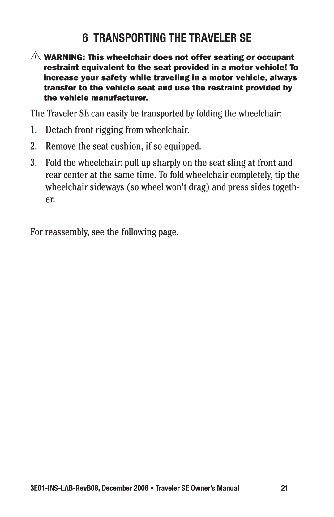 E&J 3E01-INS-LAB-REVB08 manual Transporting the Traveler SE 