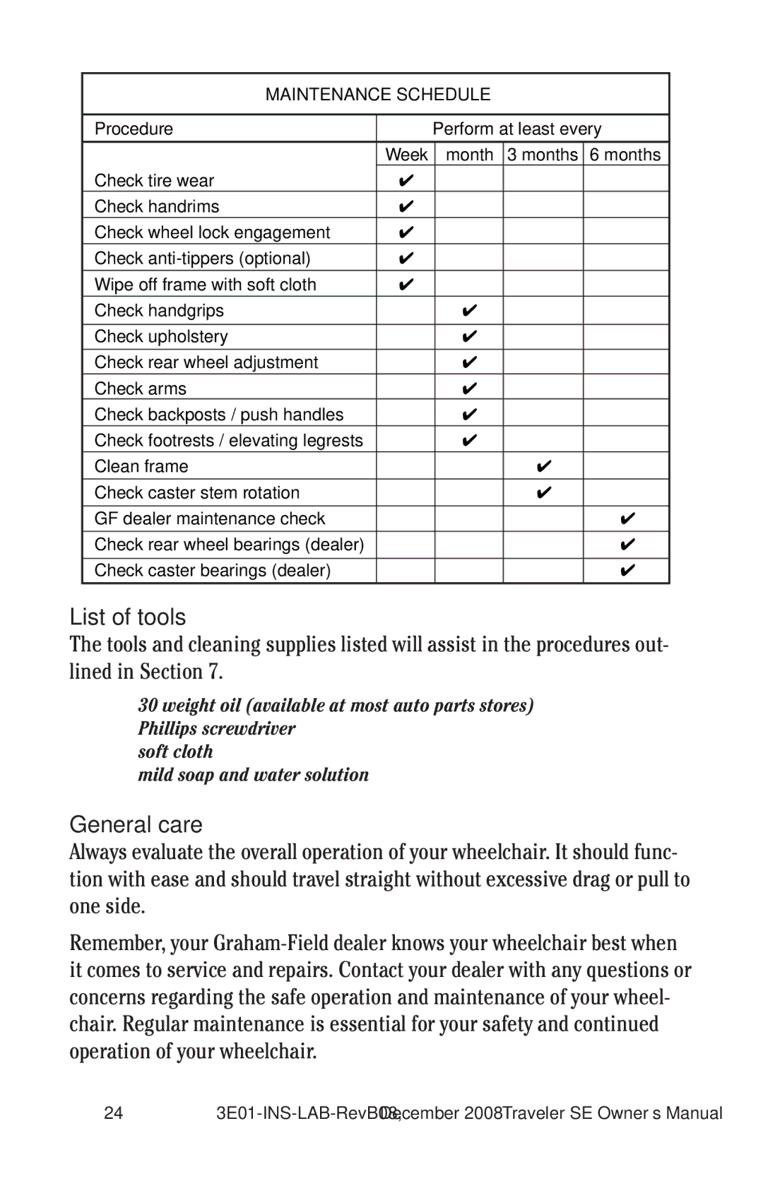 E&J 3E01-INS-LAB-REVB08 manual List of tools, General care 