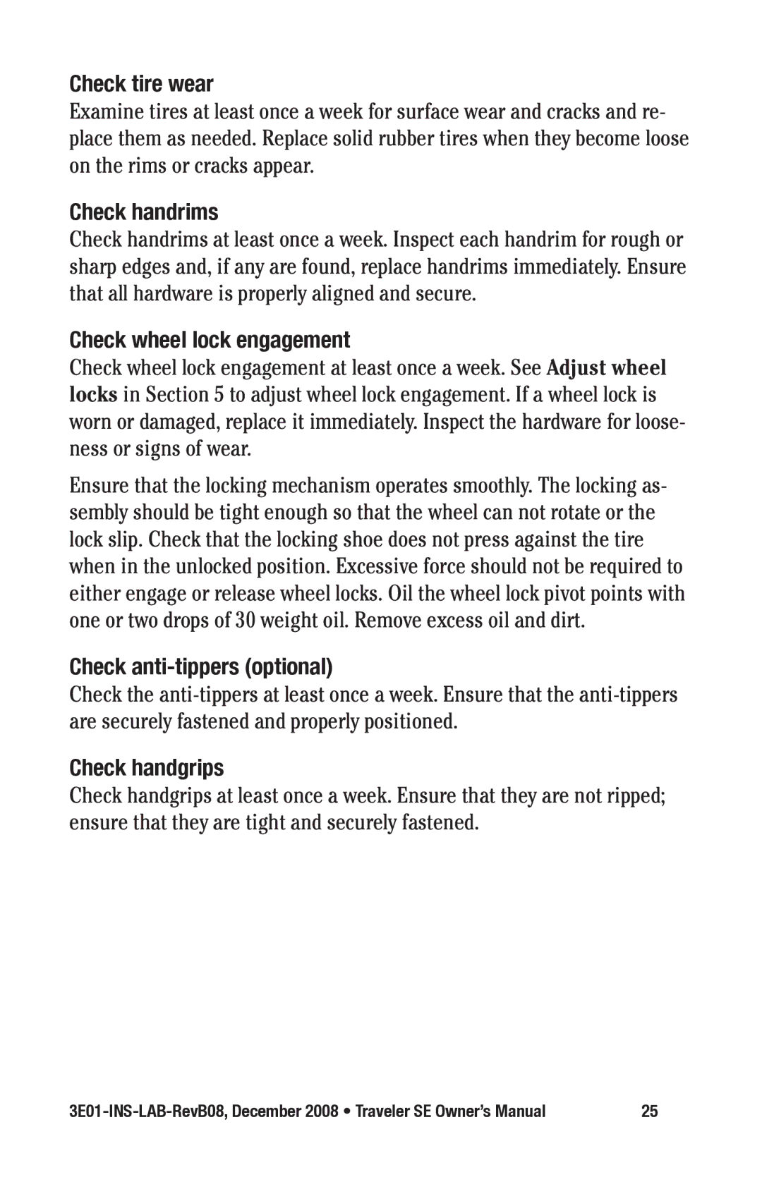 E&J 3E01-INS-LAB-REVB08 manual Check tire wear, Check handrims, Check wheel lock engagement, Check anti-tippers optional 