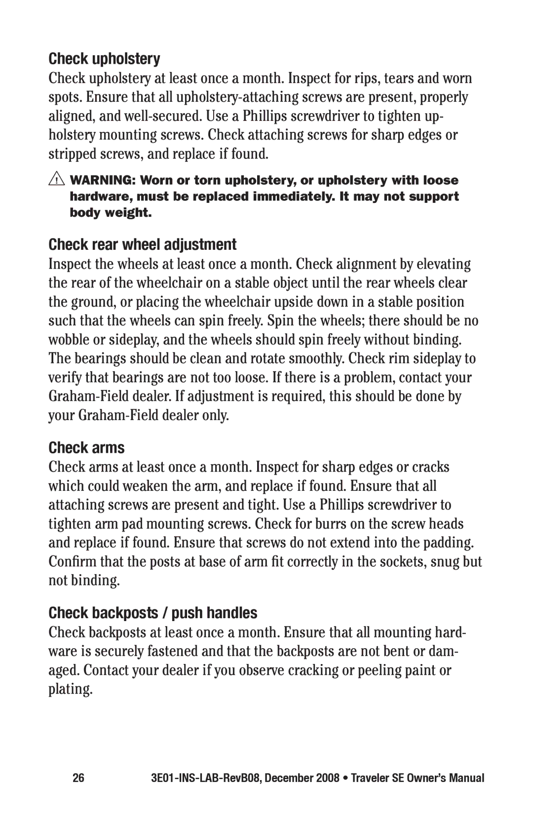 E&J 3E01-INS-LAB-REVB08 manual Check upholstery, Check rear wheel adjustment, Check arms, Check backposts / push handles 