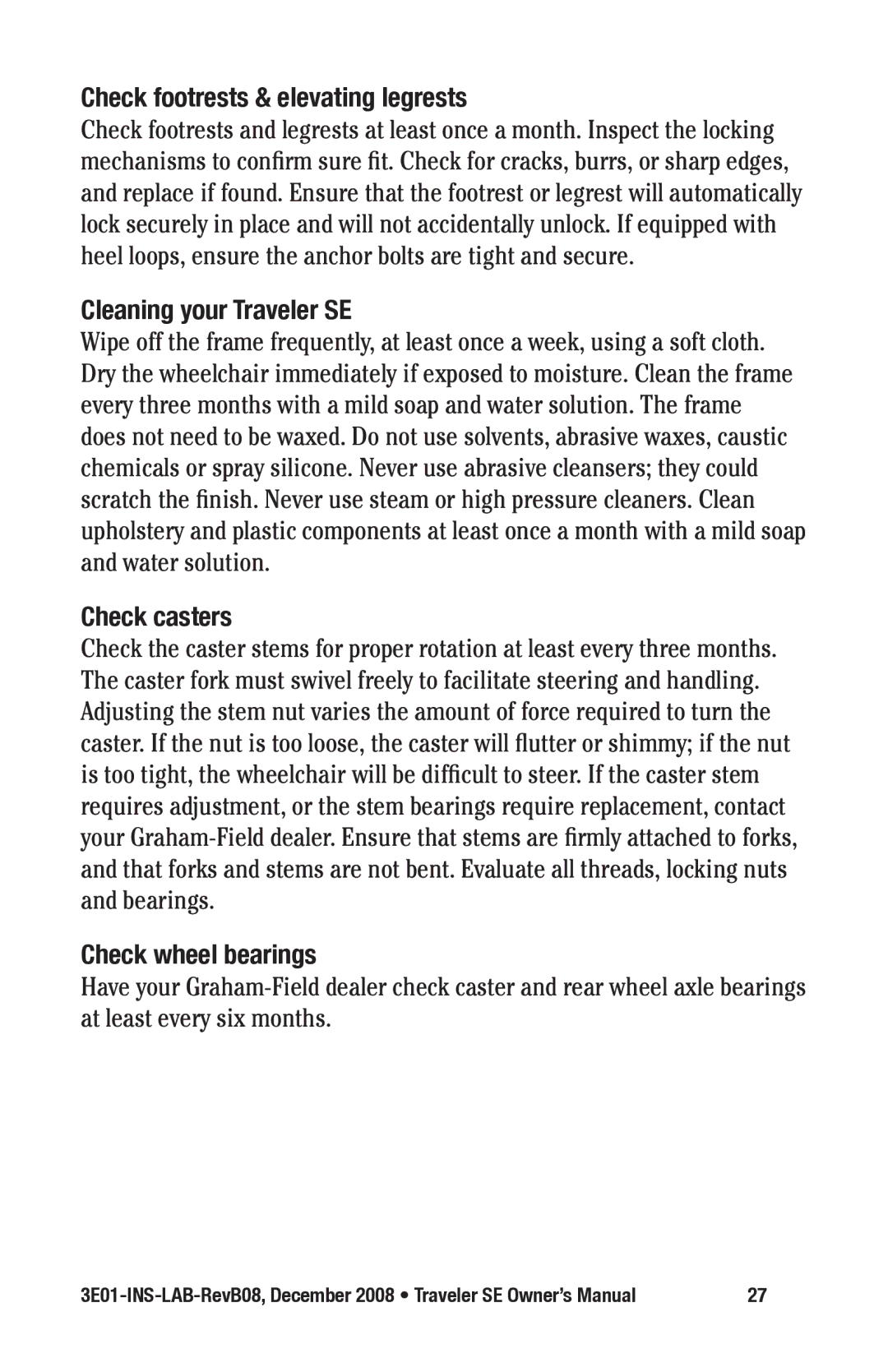 E&J 3E01-INS-LAB-REVB08 manual Check footrests & elevating legrests, Cleaning your Traveler SE, Check casters 