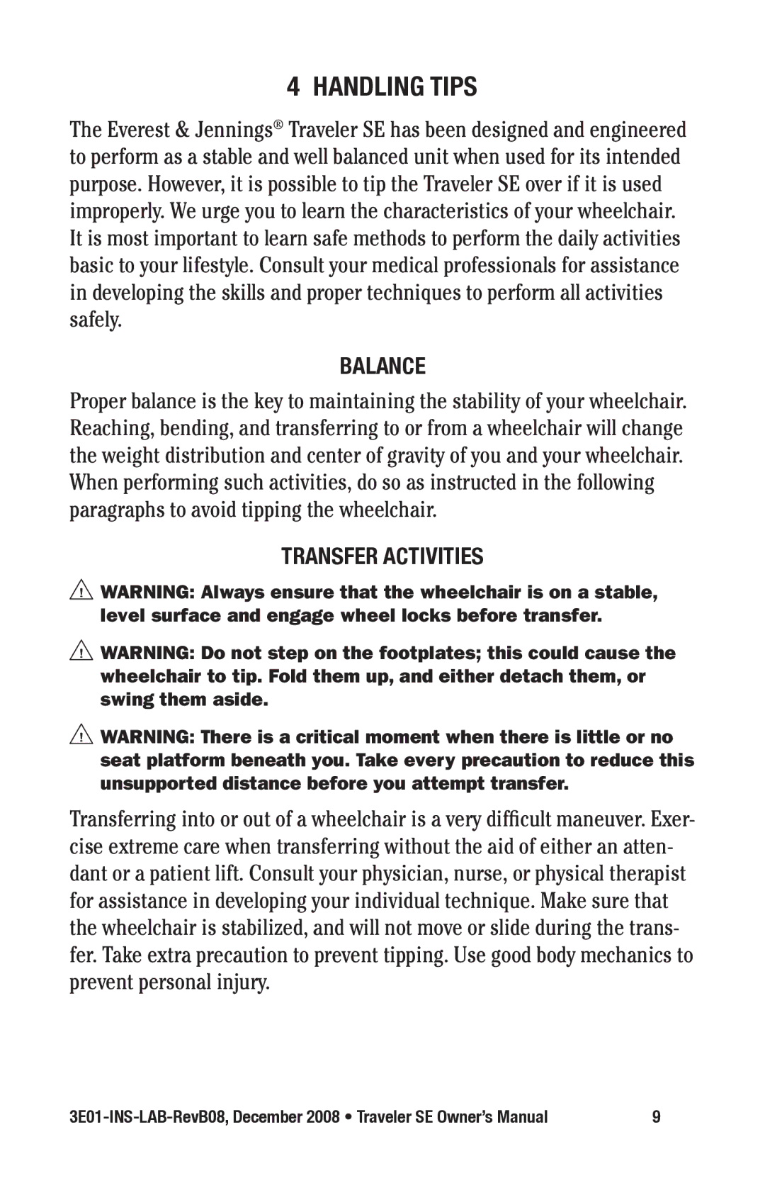 E&J 3E01-INS-LAB-REVB08 manual Handling tips, Balance, Transfer Activities 