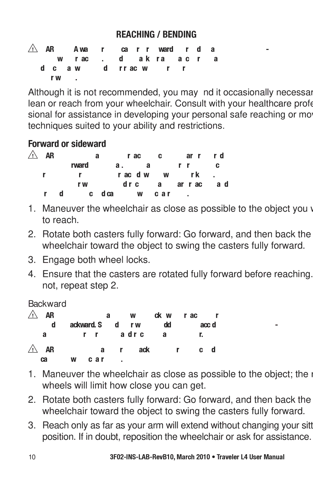 E&J 3F02-INS-LAB-REVB10 manual Reaching / Bending, Forward or sideward, Backward 