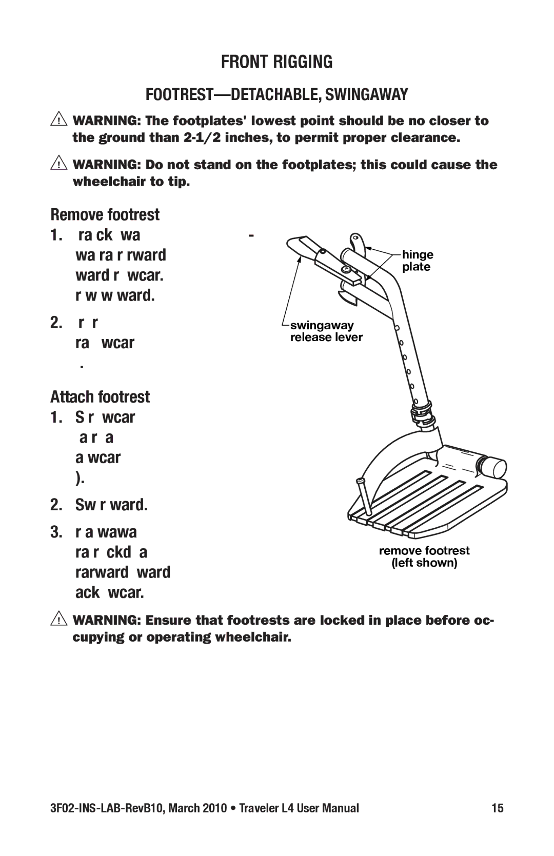 E&J 3F02-INS-LAB-REVB10 manual Front Rigging, FOOTREST-DETACHABLE, Swingaway, Remove footrest, Attach footrest 