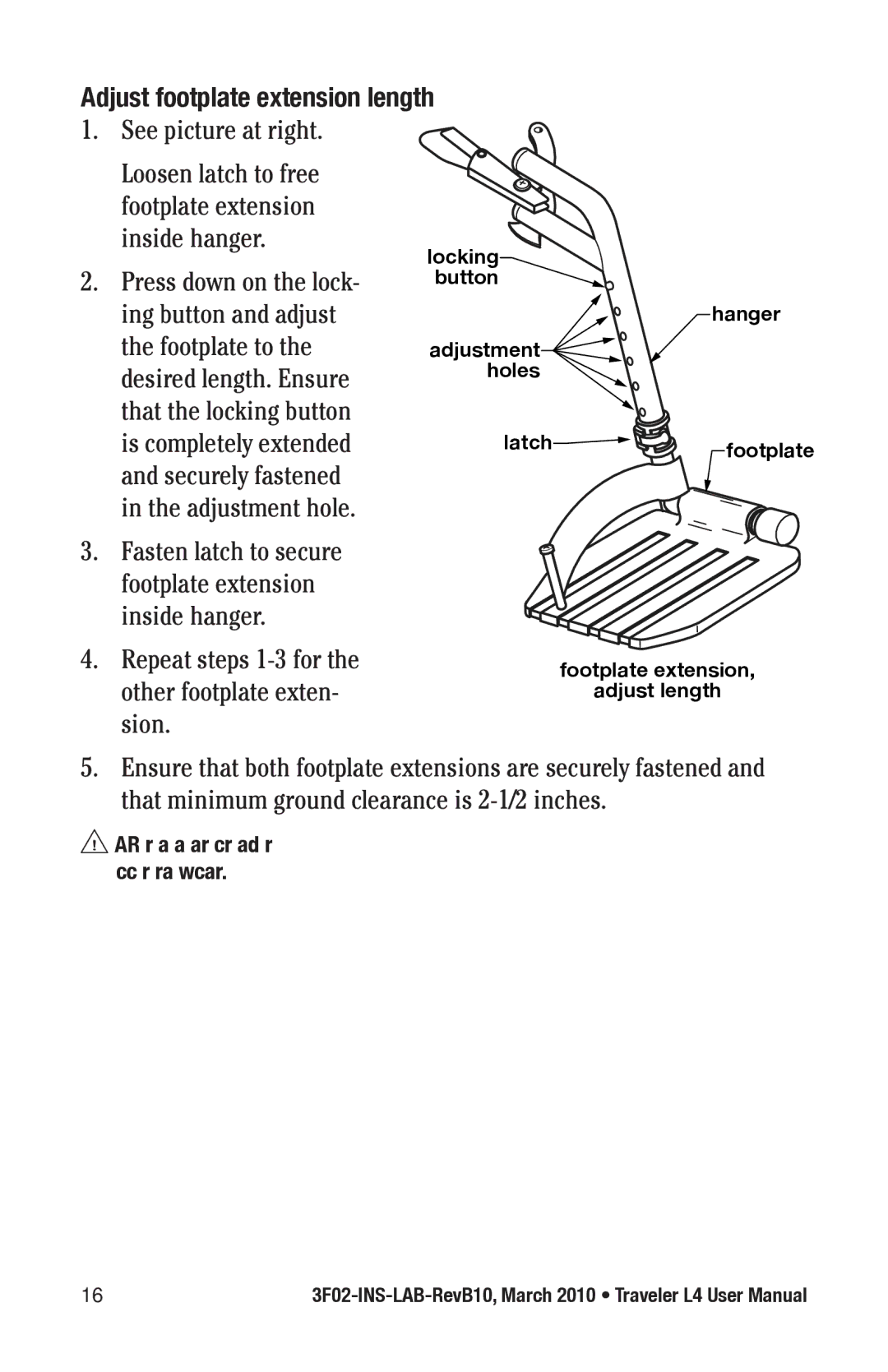 E&J 3F02-INS-LAB-REVB10 manual Adjust footplate extension length 1. See picture at right 