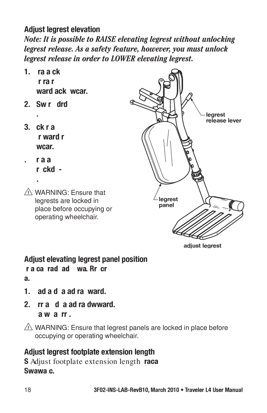 E&J 3F02-INS-LAB-REVB10 manual Adjust legrest elevation, Adjust elevating legrest panel position 