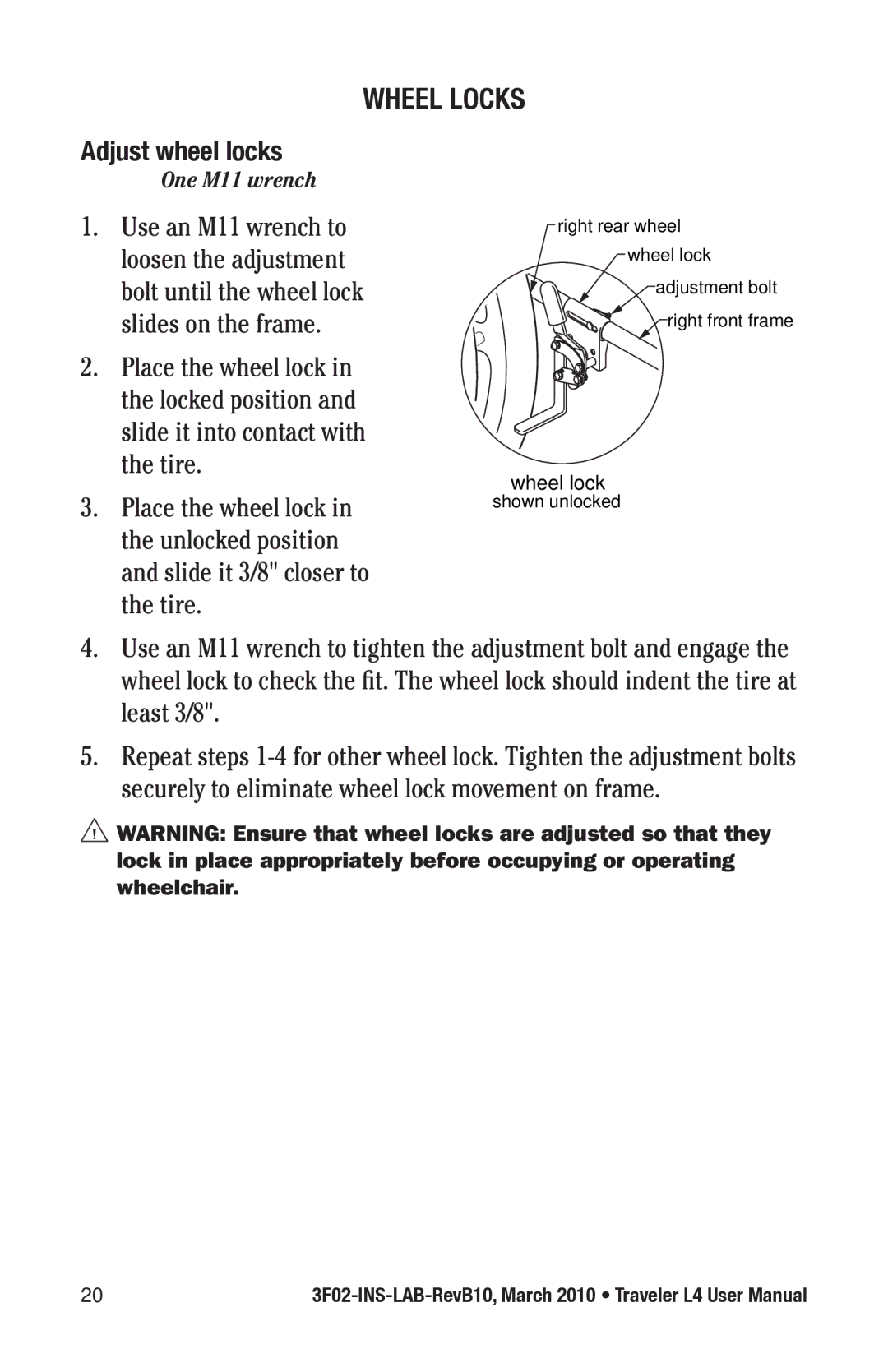 E&J 3F02-INS-LAB-REVB10 manual Wheel Locks, Adjust wheel locks 