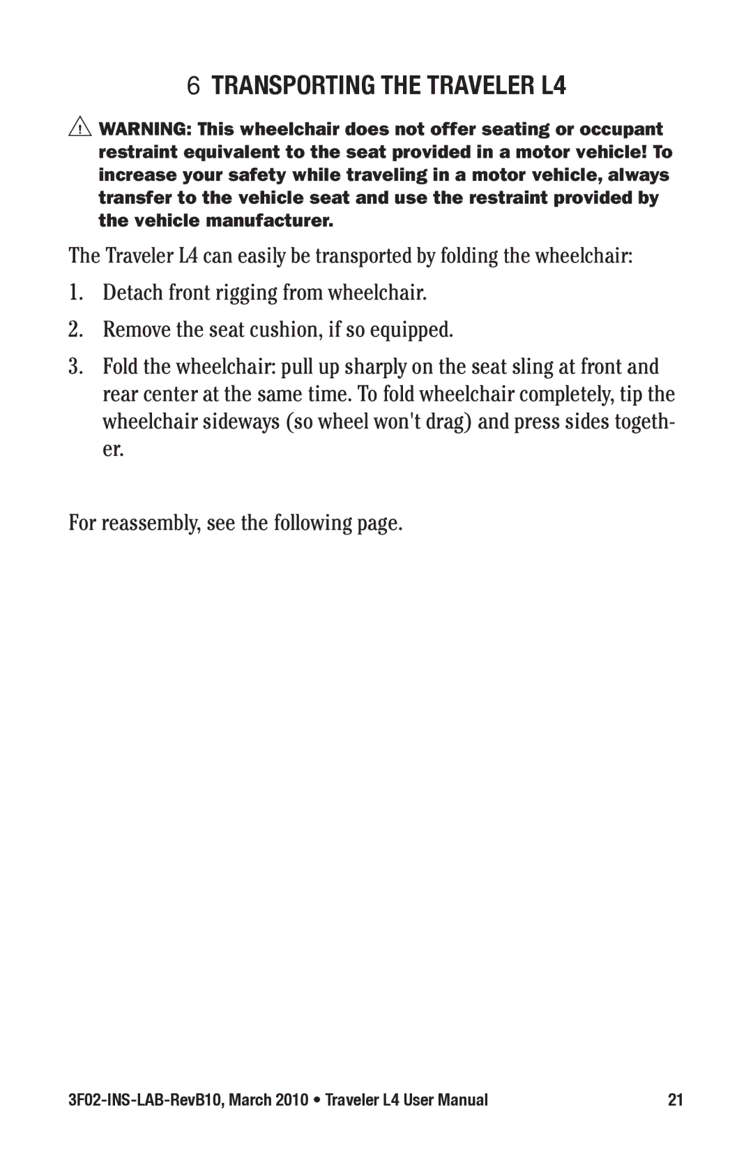 E&J 3F02-INS-LAB-REVB10 manual Transporting the Traveler L4 