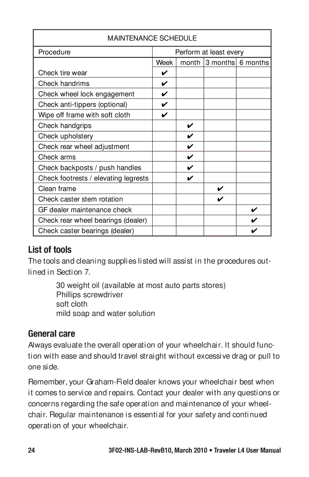 E&J 3F02-INS-LAB-REVB10 manual List of tools, General care 