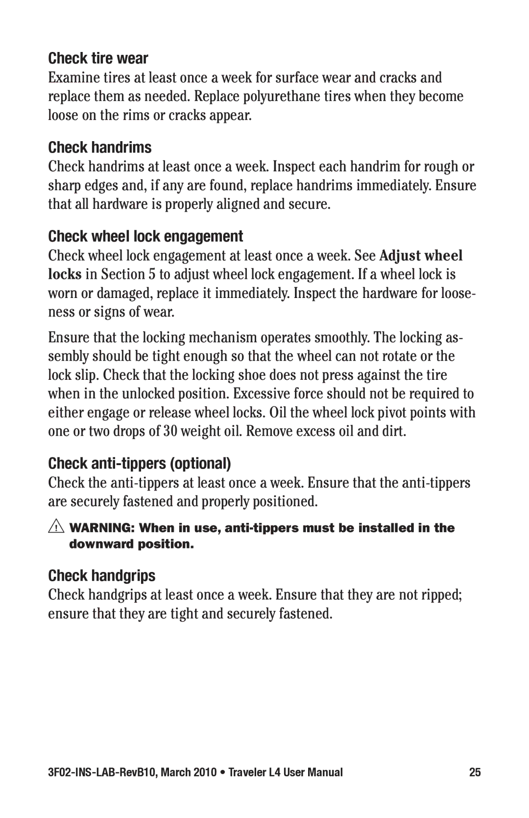 E&J 3F02-INS-LAB-REVB10 manual Check tire wear, Check handrims, Check wheel lock engagement, Check anti-tippers optional 