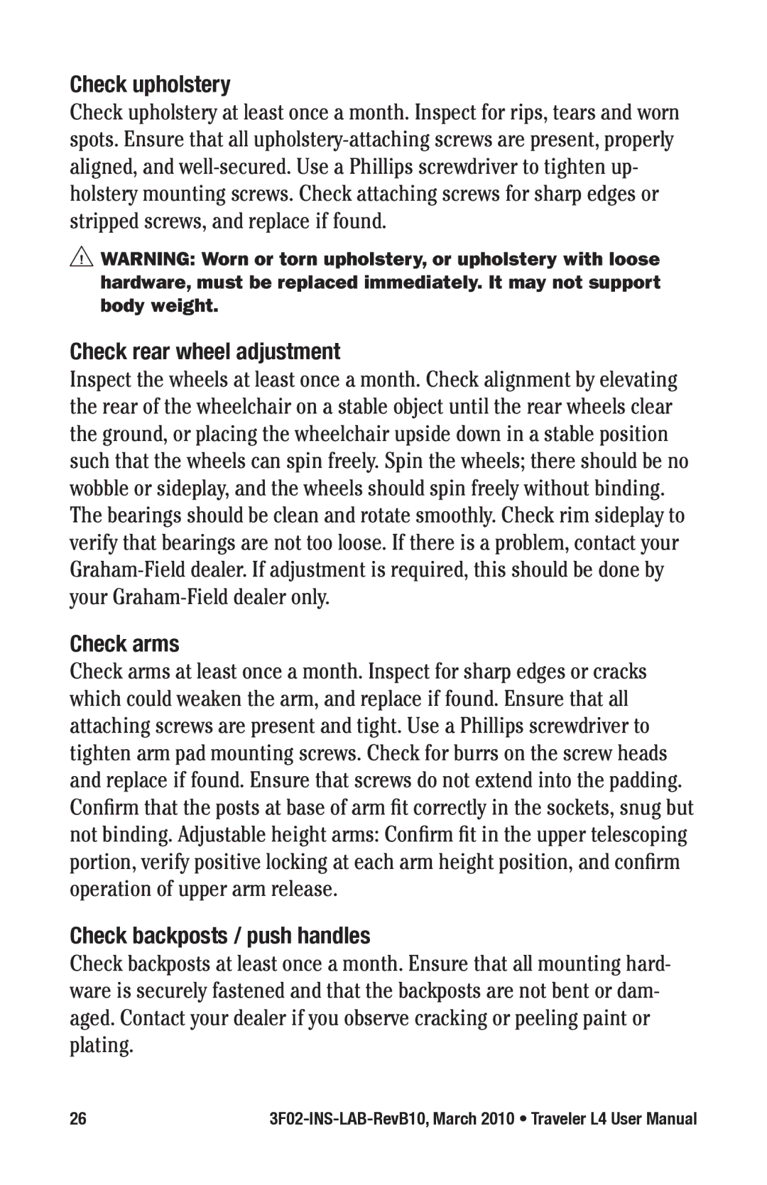 E&J 3F02-INS-LAB-REVB10 manual Check upholstery, Check rear wheel adjustment, Check arms, Check backposts / push handles 