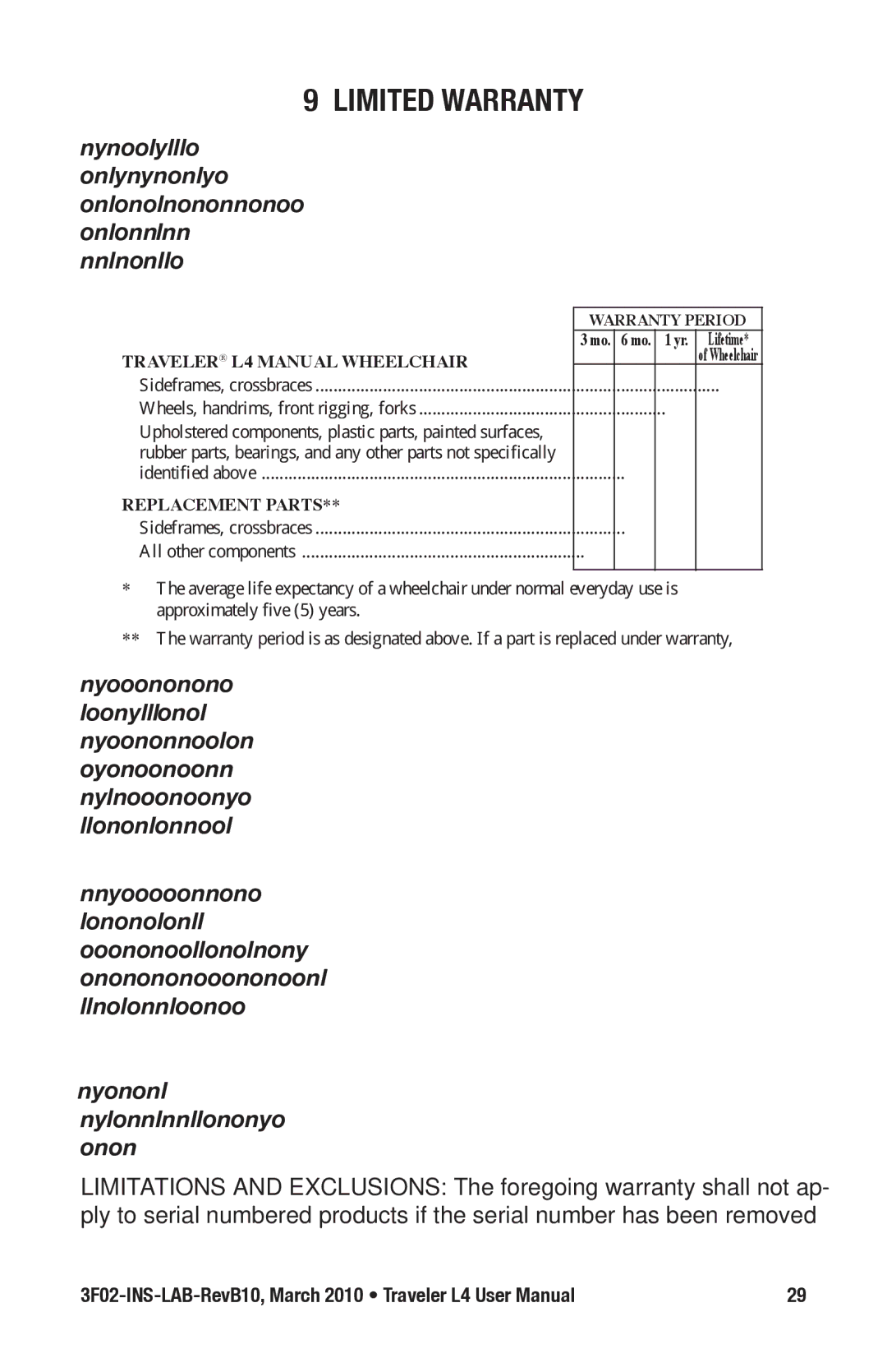 E&J 3F02-INS-LAB-REVB10 manual Limited Warranty, Traveler L4 Manual Wheelchair 