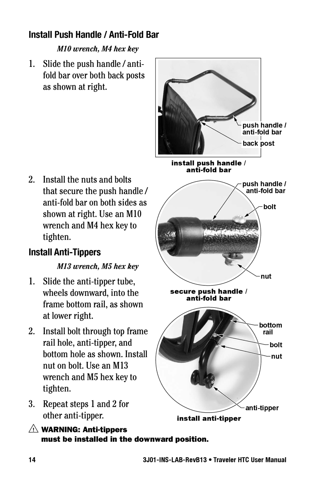 E&J 3J01-INS-LAB-RevB13 manual Install Push Handle / Anti-Fold Bar, Install Anti-Tippers 